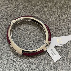 NWT Charming Charlie Wine Braided Leather Silver Tone Hinged Cuff M